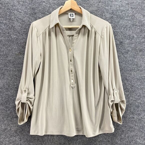 Anne Klein Tops - Anne Klein Shirt Women S Small Beige Button Up 3/4 Sleeve Collared Roll Up Tab